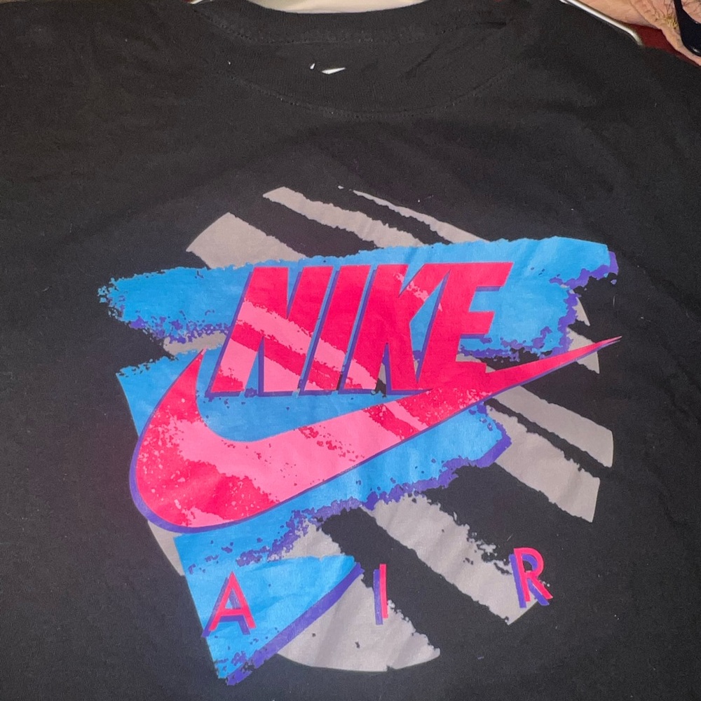 Nike Black Tee with Pink and Blue Design